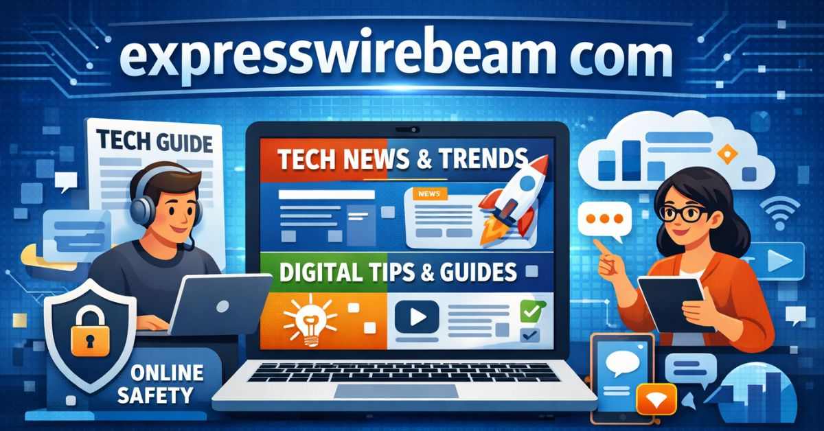 Illustration showing expresswirebeam com technology platform with tech news, digital guides, online trends and internet safety.