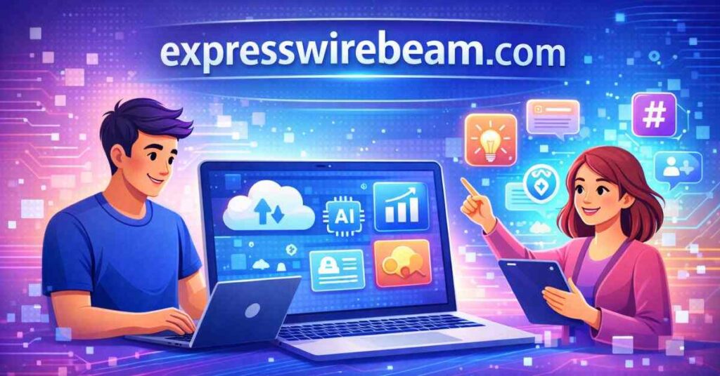 Warm-toned digital illustration of expresswirebeam.com with male typing on laptop, female pointing at floating tech icons.