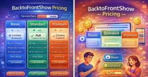 llustration showing BacktoFrontShow pricing plans with digital dashboard, subscription cards, and users choosing online plans.