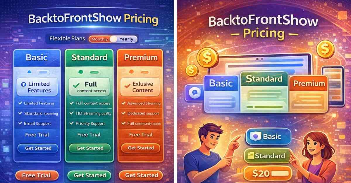 llustration showing BacktoFrontShow pricing plans with digital dashboard, subscription cards, and users choosing online plans.
