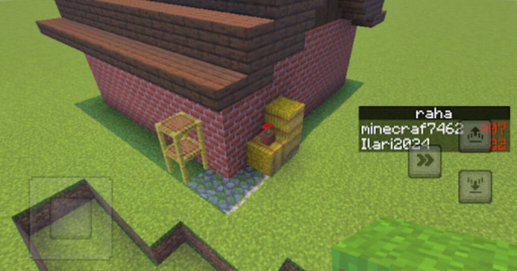 Minecraft house built with bricks and wood, showing blocks, hay, and in-game player names on screen.