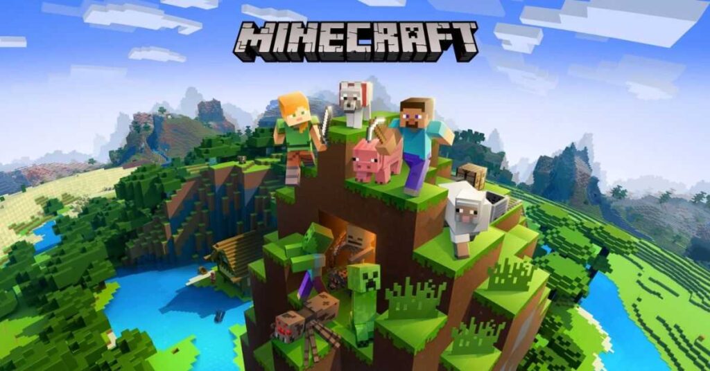 Minecraft characters standing on a mountain with animals, showcasing survival and adventure gameplay.