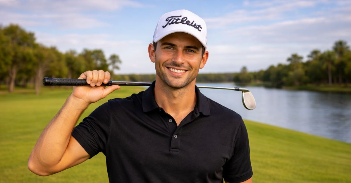 Grant Horvat on a golf course holding a club, smiling outdoors with greenery.