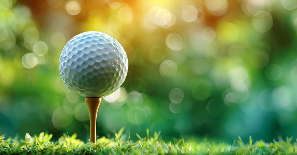 Close-up of a golf ball on a tee with green grass and blurred sunlight background.