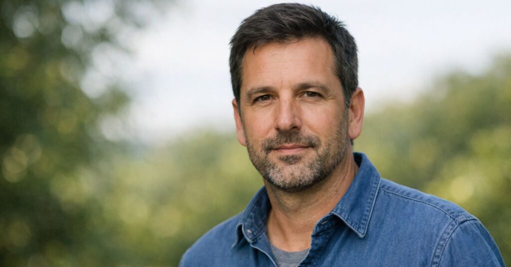 Steve Horvat outdoors, short dark hair, light beard, natural light.