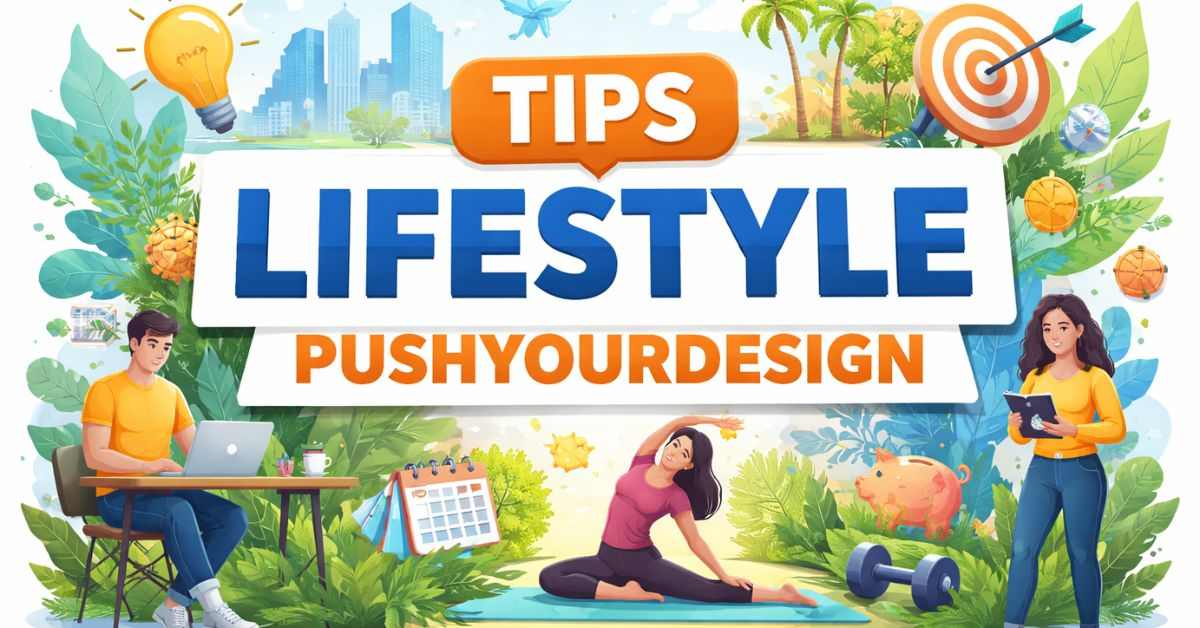 Lifestyle design illustration with “Tips Lifestyle PushYourDesign” text, showing balance, productivity, and healthy living.