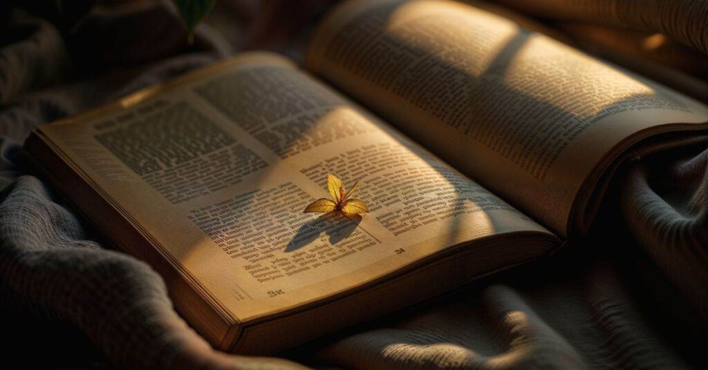Open book with butterfly in warm sunlight scene