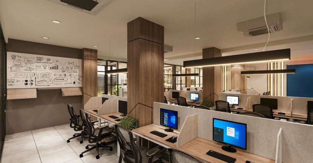 Modern office workspace with computers and wooden design