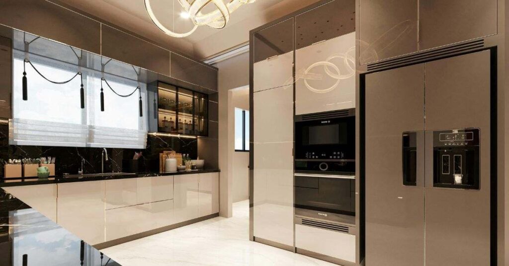 Luxurious modern kitchen interior with glossy cabinets, built-in appliances, large fridge, marble-style flooring, and elegant lighting design.
