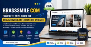 Brasssmile com 2026 guide website banner on laptop screen