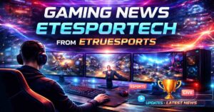 Futuristic esports gaming news banner with pro setup and neon theme.