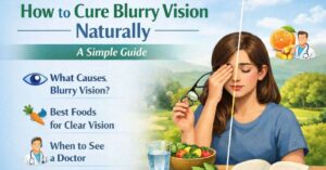 Landscape infographic on curing blurry vision naturally with tips, foods, and eye care illustration.