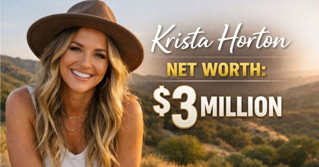 Krista Horton smiling outdoors at sunset with text showing “Net Worth: $3 Million” in a landscape-style realistic image.