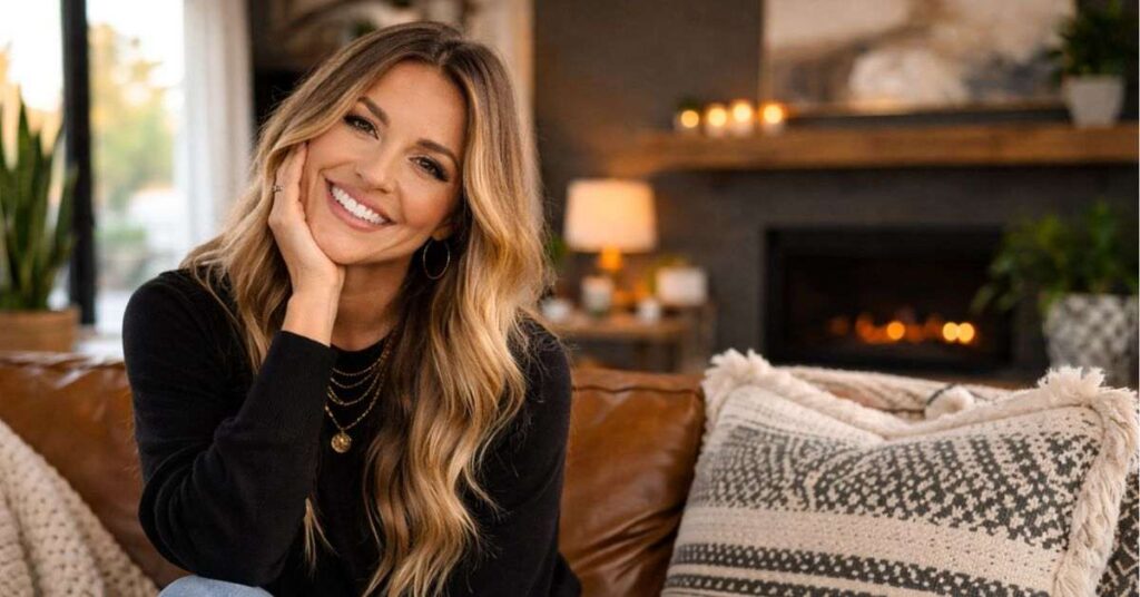 Smiling blonde woman sitting on a cozy couch indoors, relaxed pose with warm lighting and modern living room background.